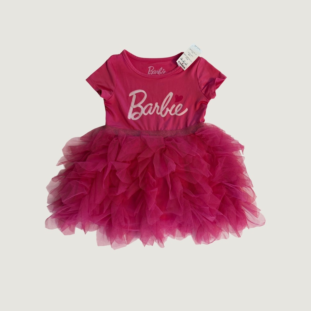 Barbie Baby Girls Pink Tutu Dress Short Sleeve Logo Tulle Skirt 18 Months NEW